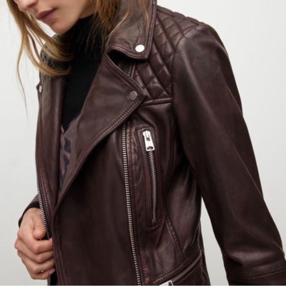 AllSaints Cargo Quilted Leather Jacket in Oxblood Red